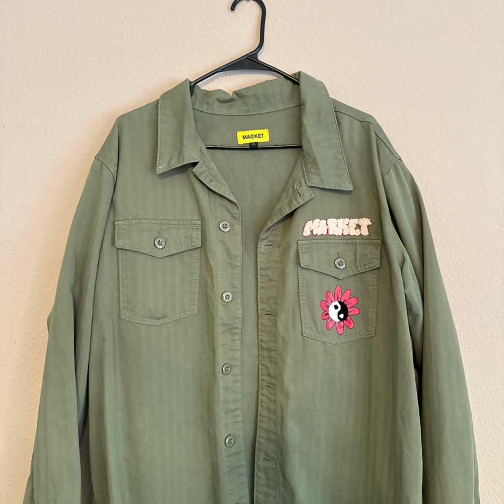 Olive Green Button-Up Shirt with Flower Patch